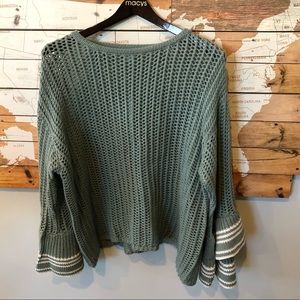 Green Knit Sweater with Striped Sleeves